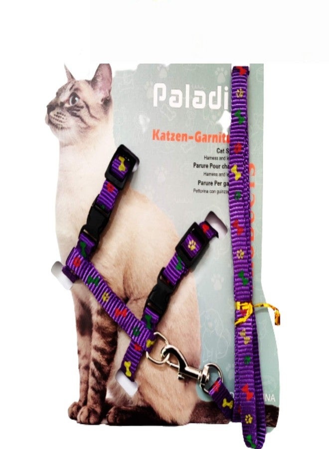 Petlicious & More (New - Printed, Purple) Cat Adjustable Nylon Harness Strap Collar with Leash Set Small Pet Walking - Image 1